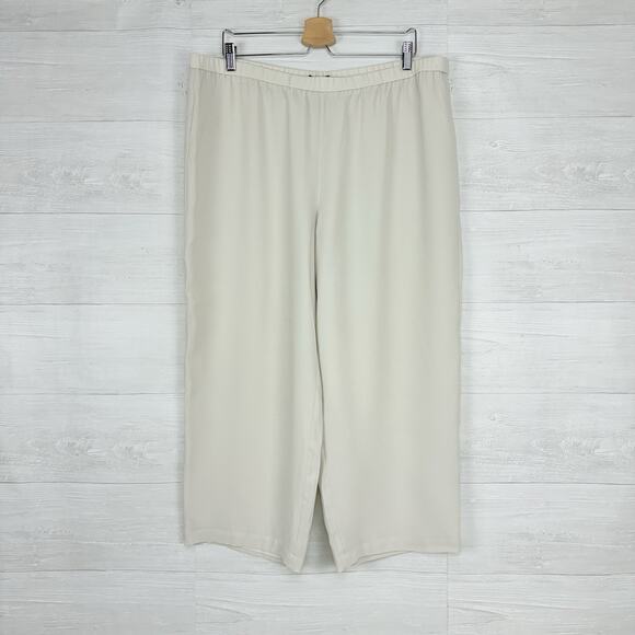 Eileen Fisher Size XL Silk Georgette Crepe Cropped Pants Wide Leg Pull On Bone - Picture 2 of 16